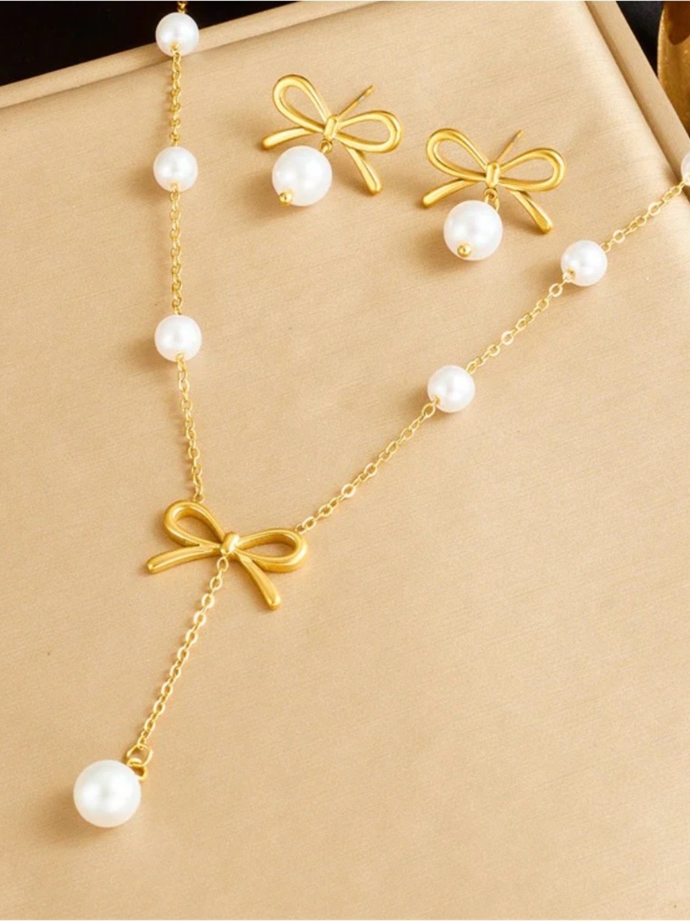 Gold Bow Pearl Necklace & Earring Set - NWOT
